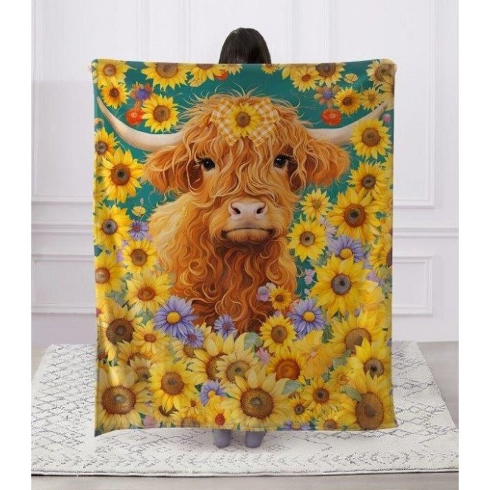 New Highland Cow Plush Throw Blanket Gift Farm Sunflowers Horns Bull Daisies NIP - Picture 3 of 4